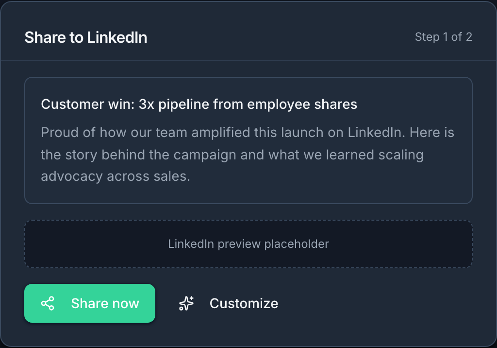 Ampli share to LinkedIn dialog with one-tap sharing